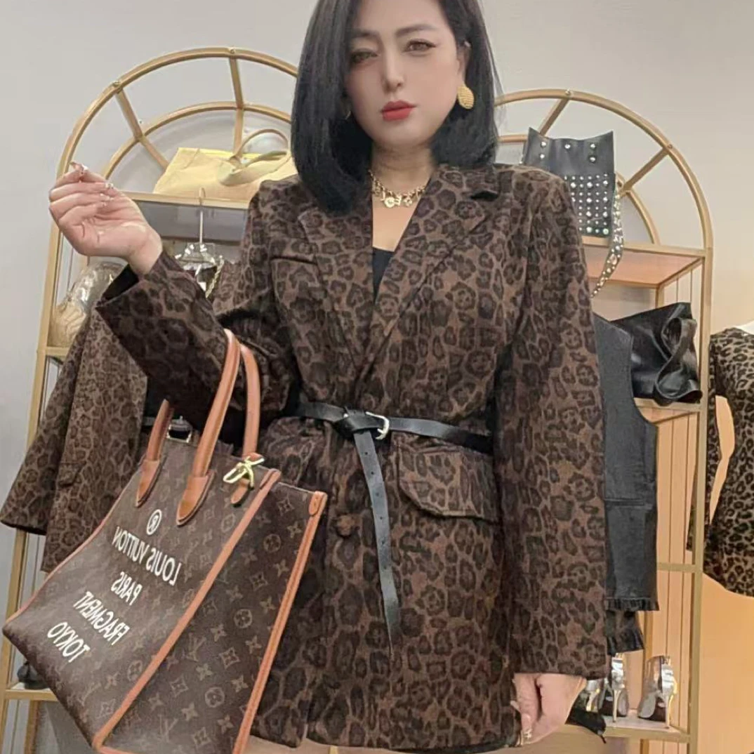 【月姐家】复古豹纹西装外套女2025秋新款宽松休闲豹纹百搭小西服