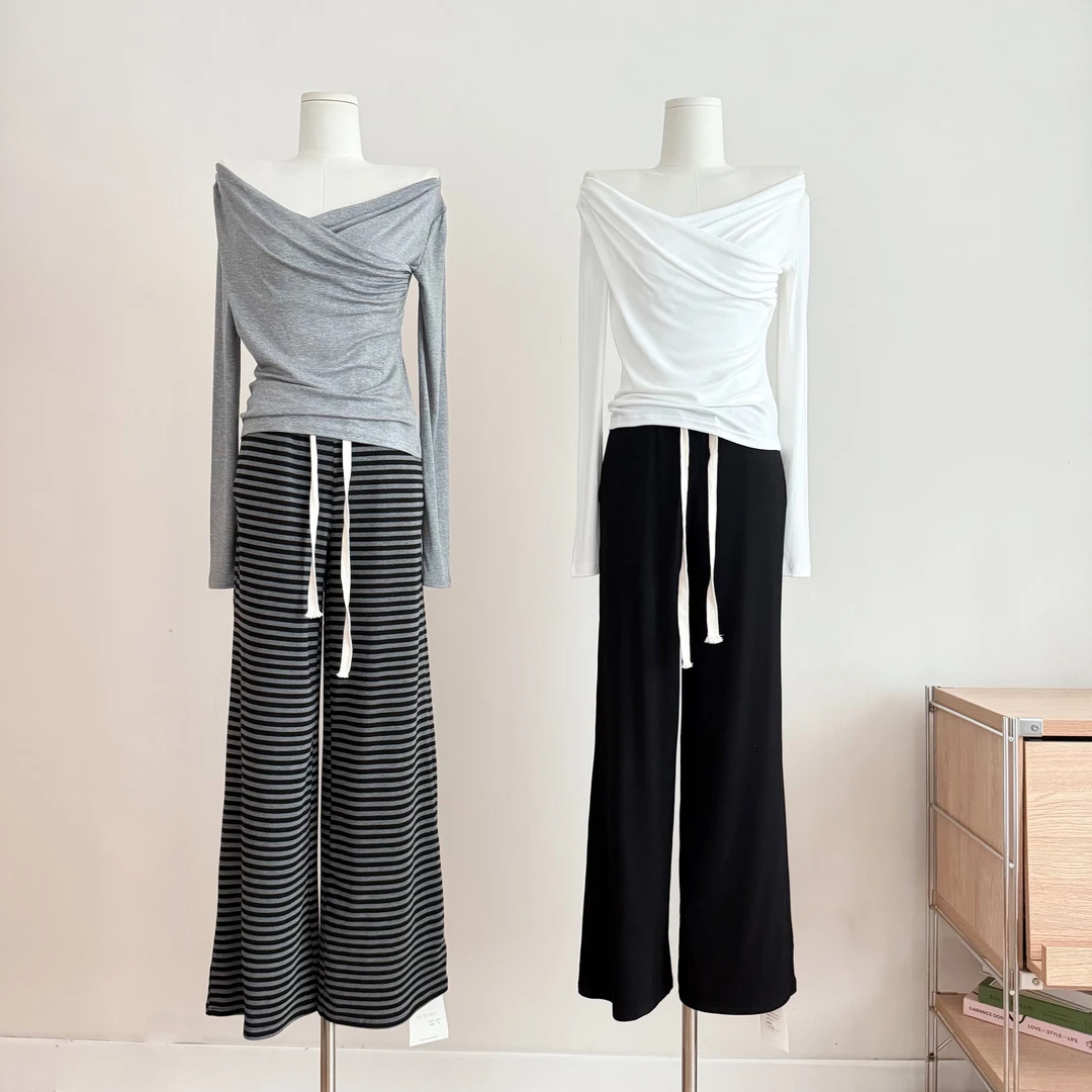 垂感懒懒裤 条纹慵懒风针织休闲裤女小个子宽松低腰长裤