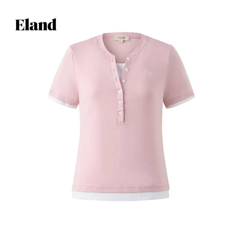 Eland衣恋夏季新款休闲简约微宽松假两件V领短袖T恤女EERAF37N51