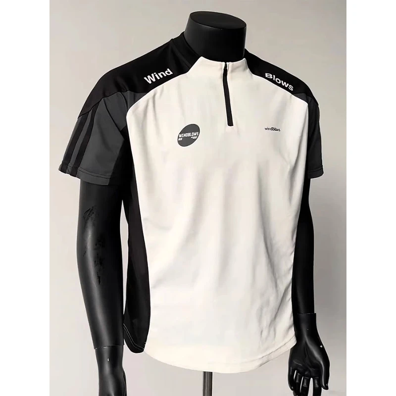 半拉链撞色拼接球衣短袖男款夏季凉感速干t恤防晒羽毛运动骑行服