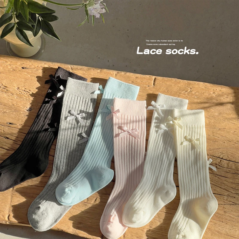 女童中筒袜春秋款精梳棉儿童芭蕾风蝴蝶结公主袜韩系女宝宝长筒袜