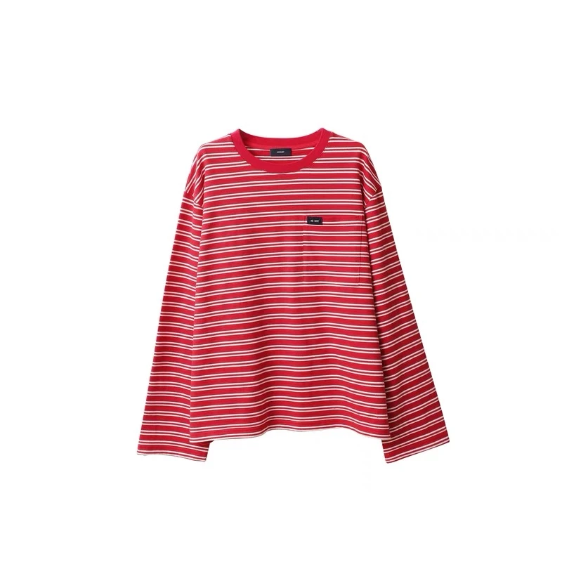 ICE DUST 25春夏系列撞色条纹Logo贴标圆领长袖T恤上衣女宽松时尚