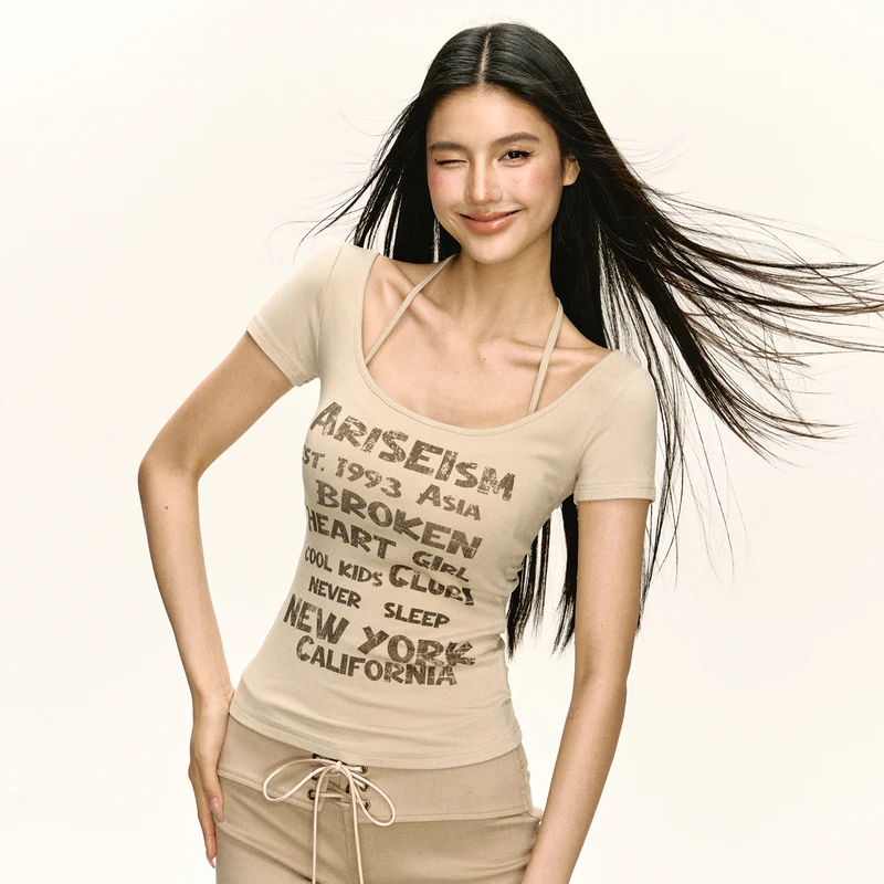 Ariseism  美式复古辣妹设计感假两件短袖T恤女夏季新款修身上衣