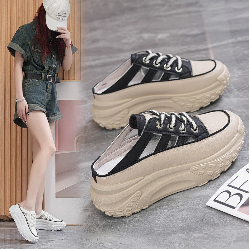 2025春夏季新款厚底透气韩版半托鞋软底软面休闲女鞋增高小白鞋