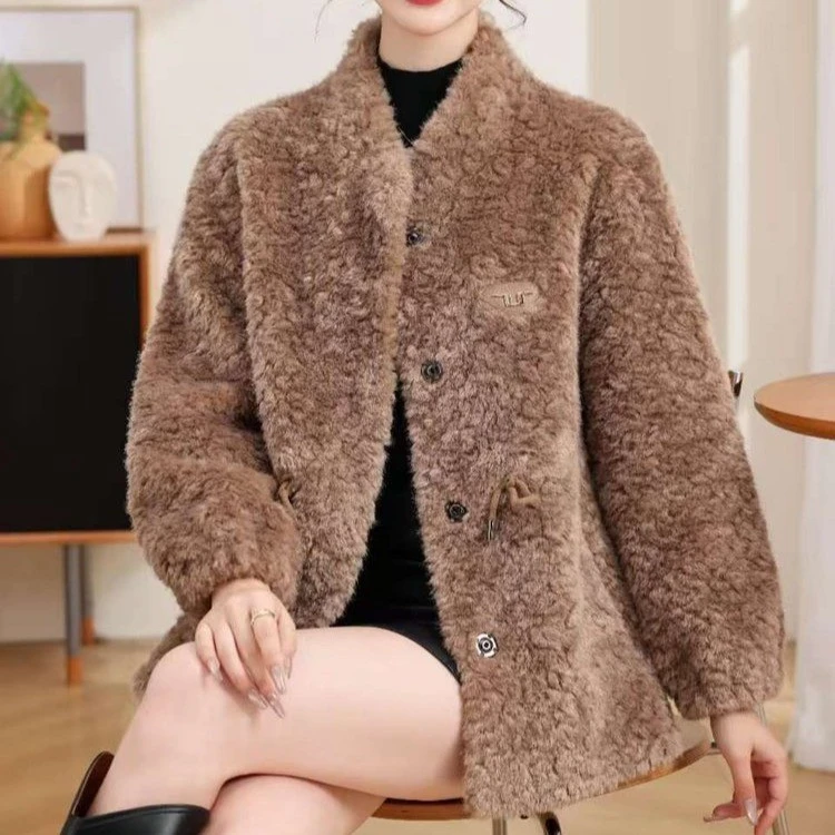 Y1818仿羊剪绒皮毛大衣女2025秋冬季韩版高端毛毛颗粒中长款外套