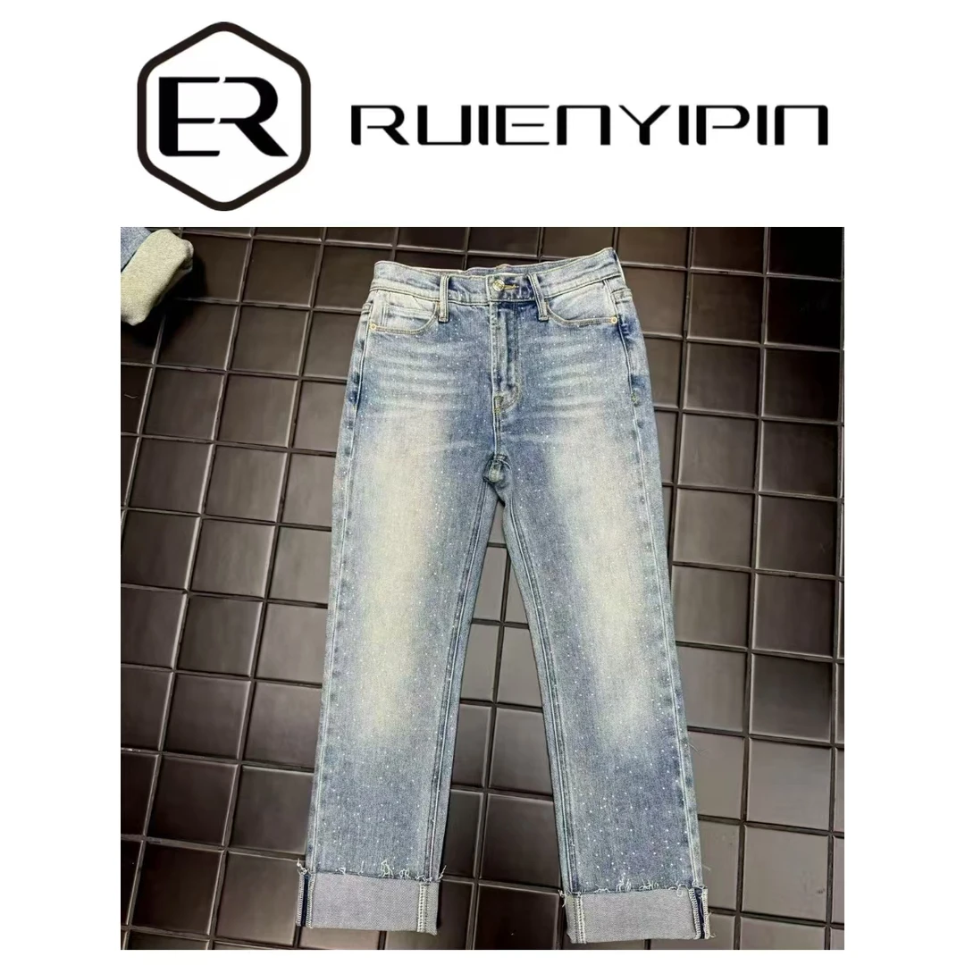 6869#挽边烫钻牛仔裤