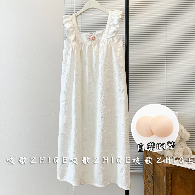 2025新款法式公主风带胸垫睡裙女夏季小飞袖睡衣甜美云朵棉家居服