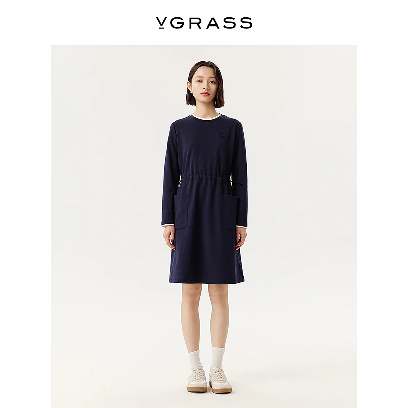 【羊羊专属】VGRASS25年春季新款撞色假两件休闲连衣裙VSL2Q1449D