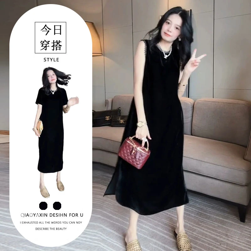 法式高级感气质休闲丝绒连衣裙女夏季新款赫本风轻奢钉珠宽松裙子