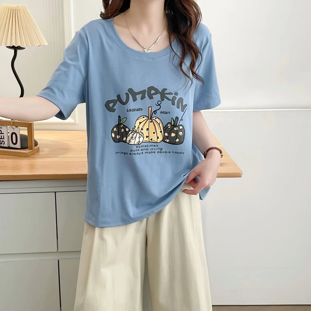 梦小美大码女装夏季新品字母南瓜纯色短袖T恤简约百搭上衣5055