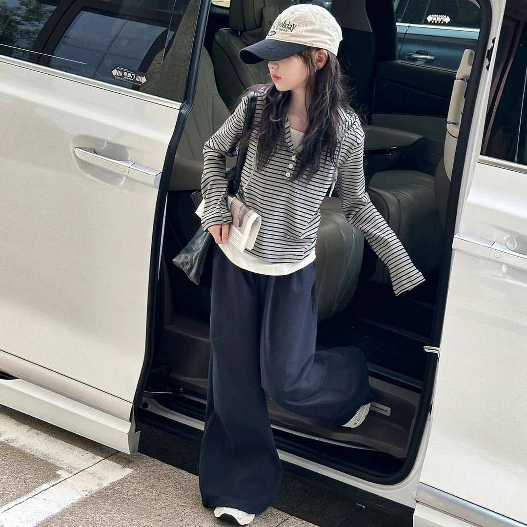 女童套装早秋穿搭条纹长袖t恤工装裤子女大童韩系打底衫儿童秋装