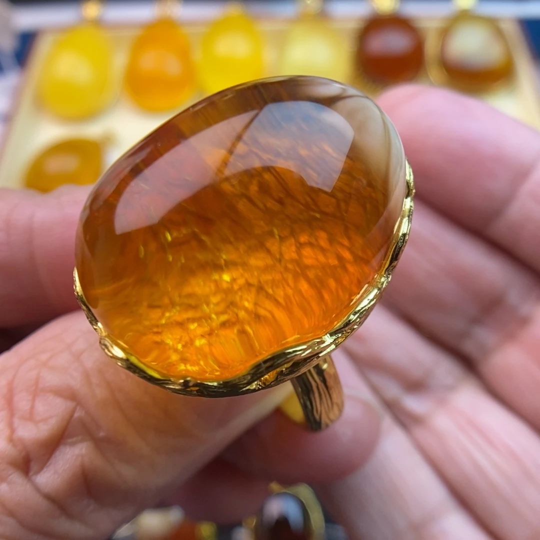 琥珀戒指银S925镀金镶嵌