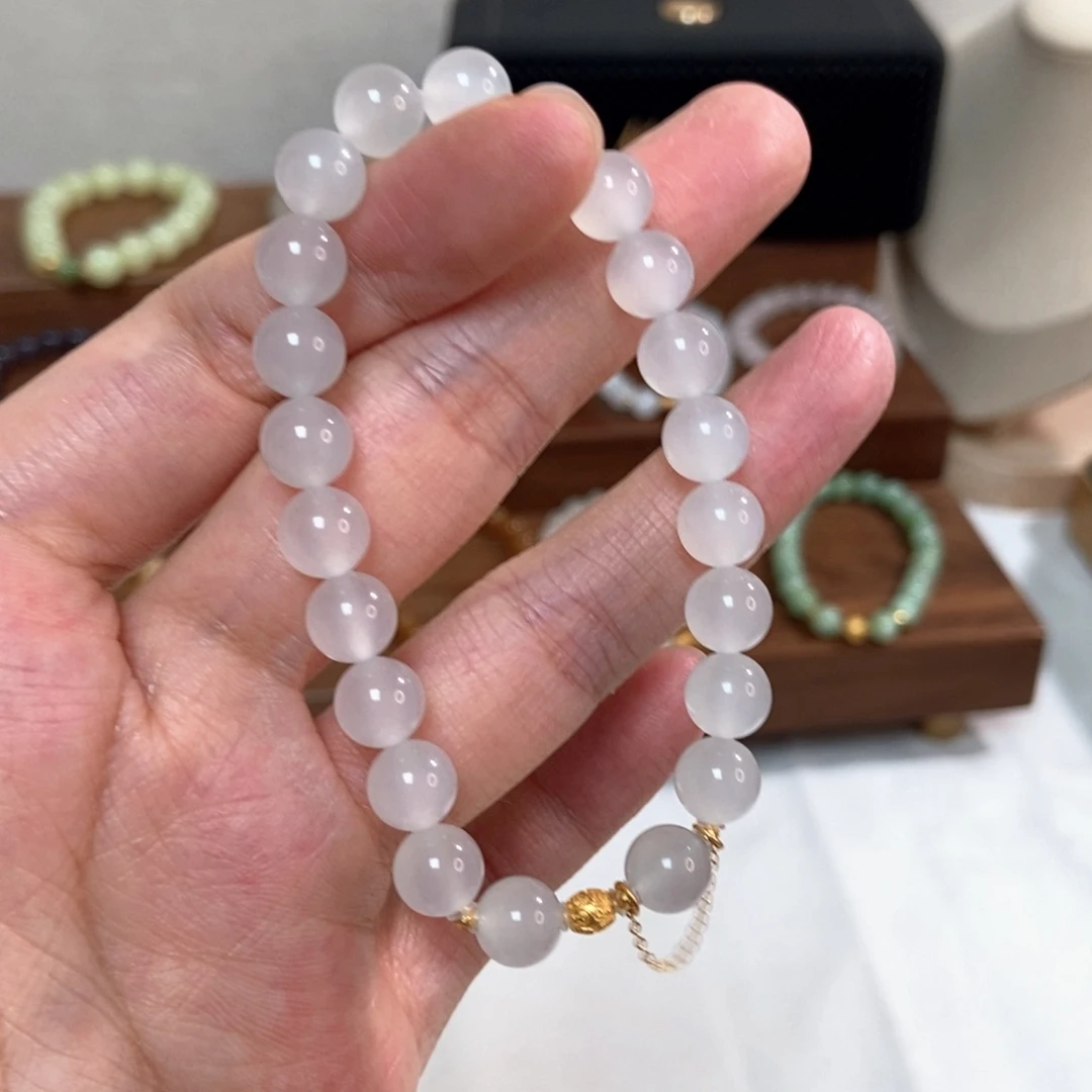 手链18K金镶嵌和田玉8mm高冰浅紫