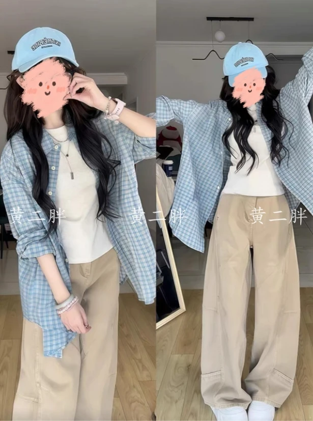 2025春季休闲蓝色格纹衬衫外套女高级感减龄洋气阔腿裤两件套装