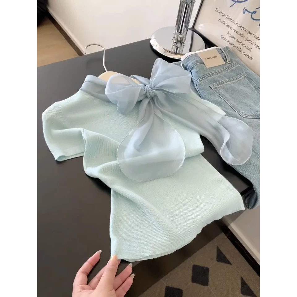 高级小众不撞款上衣设计感独特绝美减龄薄荷绿蝴蝶结短袖T恤女夏