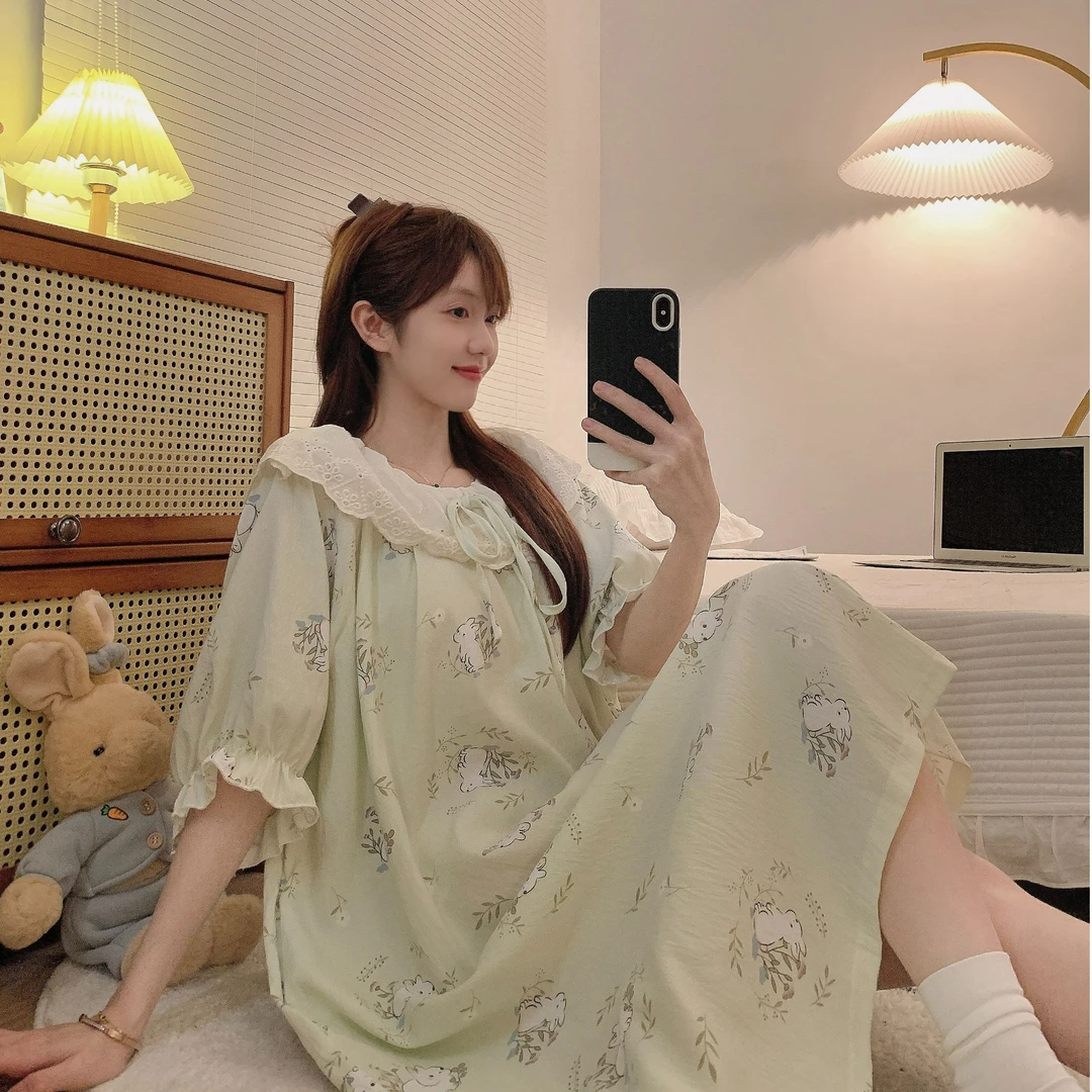 夏季带胸垫睡裙女短袖中长款连衣裙甜美韩版大码家居服睡衣可外穿