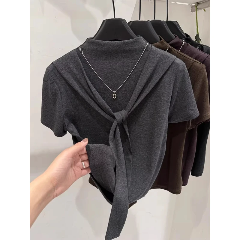 芊芊芙黑色五分袖T恤女夏季修身百搭冰丝打底衫圆领中袖正肩体恤