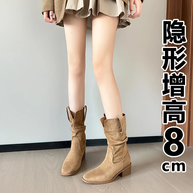 【轻奢高定】复古时尚牛仔女秋冬新款尖头粗跟明星同款百搭鞋子中筒