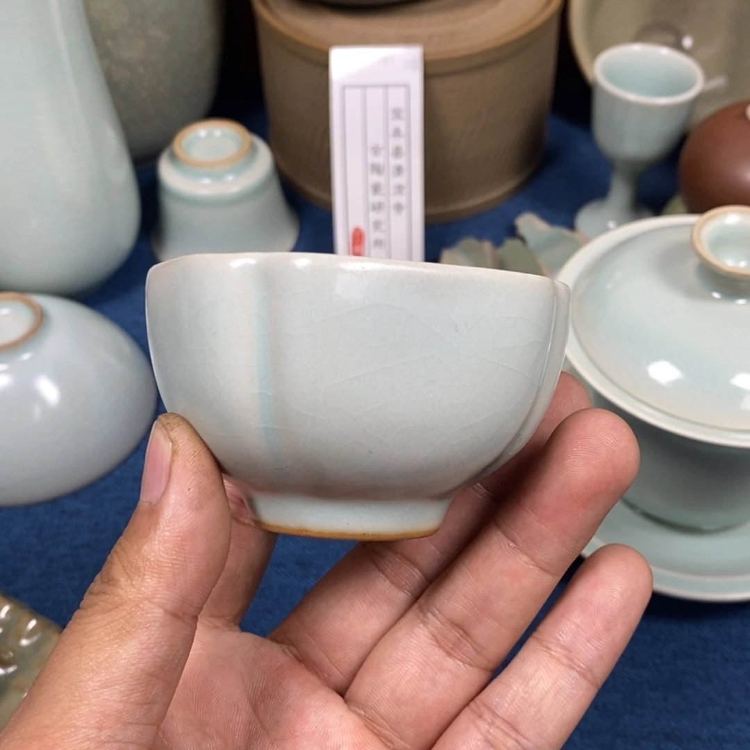 瓷杯子清凉寺汝瓷天青色仿古釉四方杯50cc（瑕）磨砂