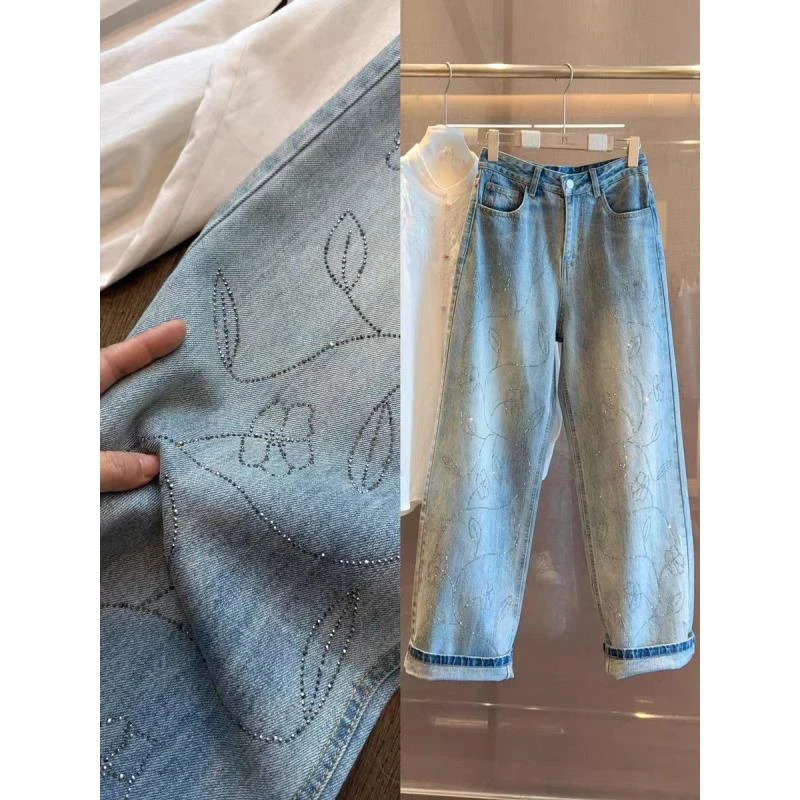 重工烫钻阔腿百搭网红气质时尚显瘦高腰阔腿刺绣牛仔裤25201