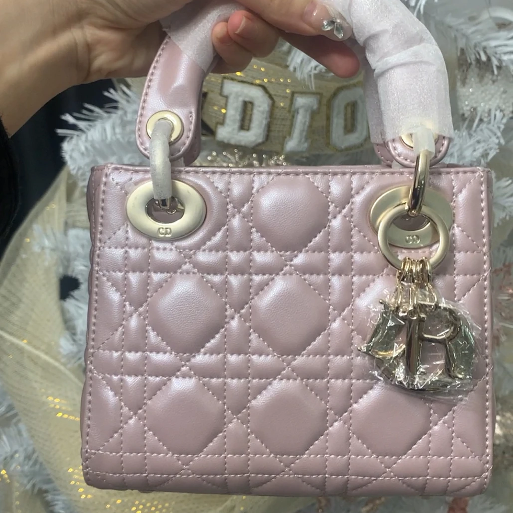珠光粉戴妃三格17cm自带出门两条肩带单肩百搭菱格戴妃女包轻奢