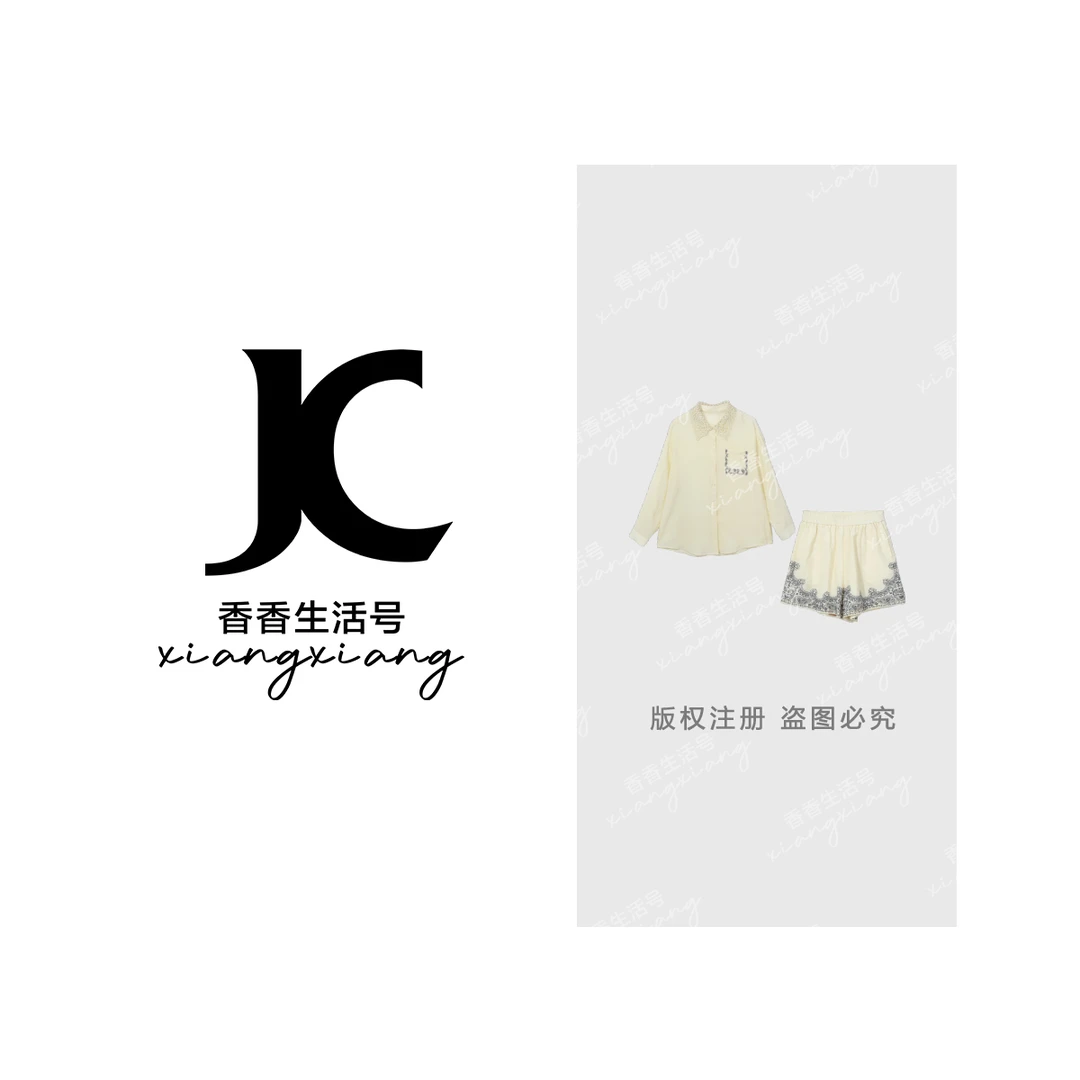 【香香严选】“云纱蜜语”米色蕾丝领衬衫印花短裤清新度假风套装1764