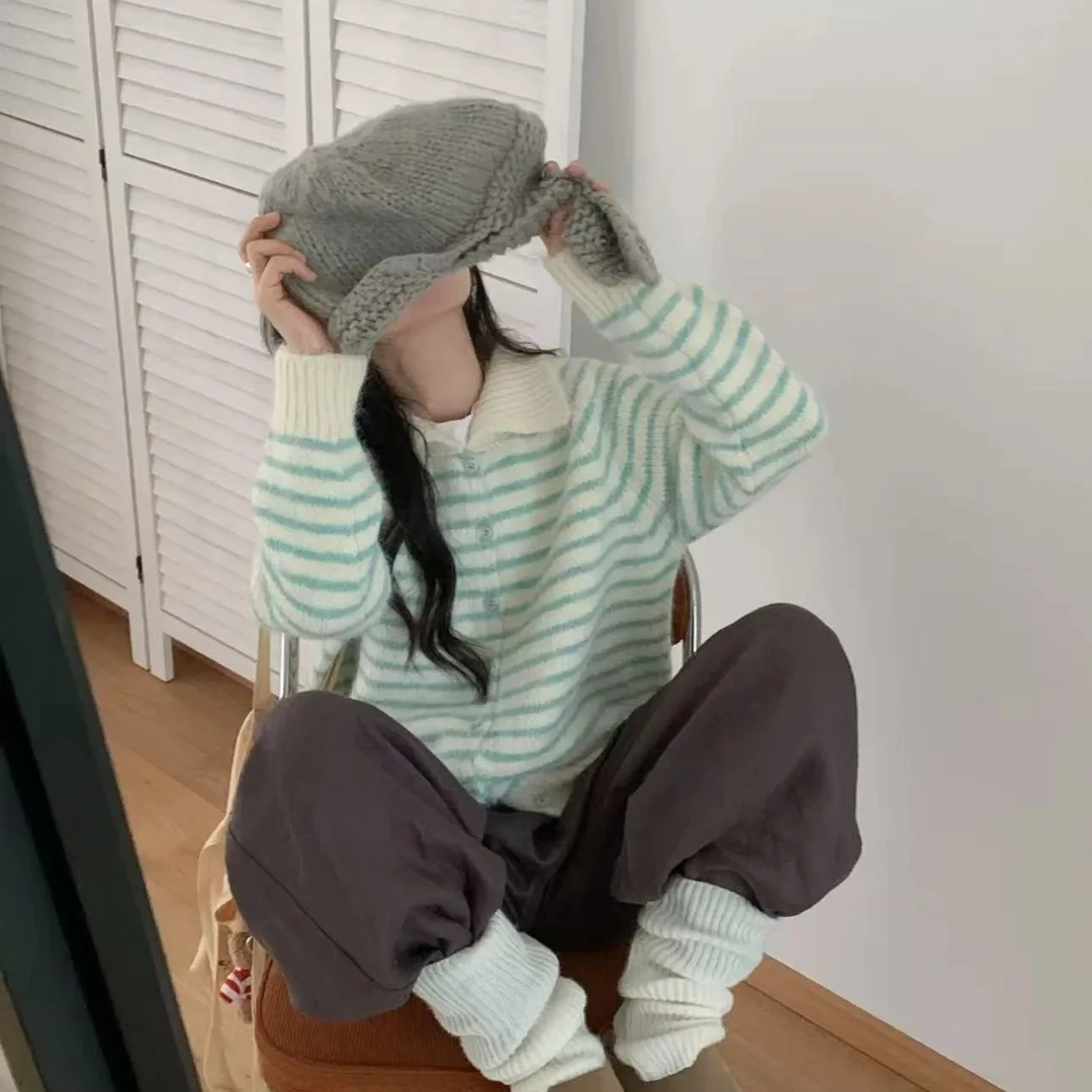 佐吉希休闲新款甜美风翻领条纹针织开衫秋冬慵懒宽松百搭上衣毛衣