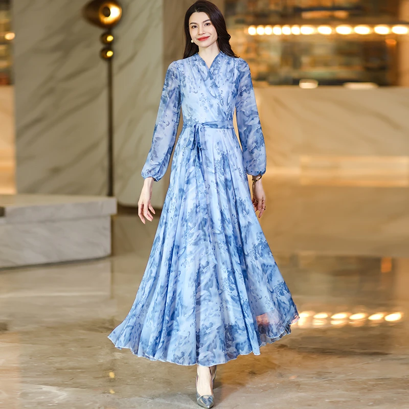 【水中浪花】蓝色长款连衣裙女2025春夏新款收腰显瘦长款裙子及脚踝