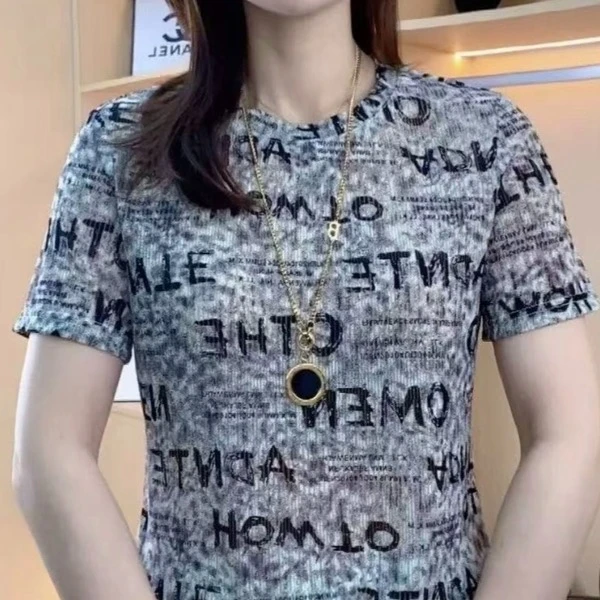 2025新款轻职风印花圆领时尚T恤夏季修身显瘦休闲短款