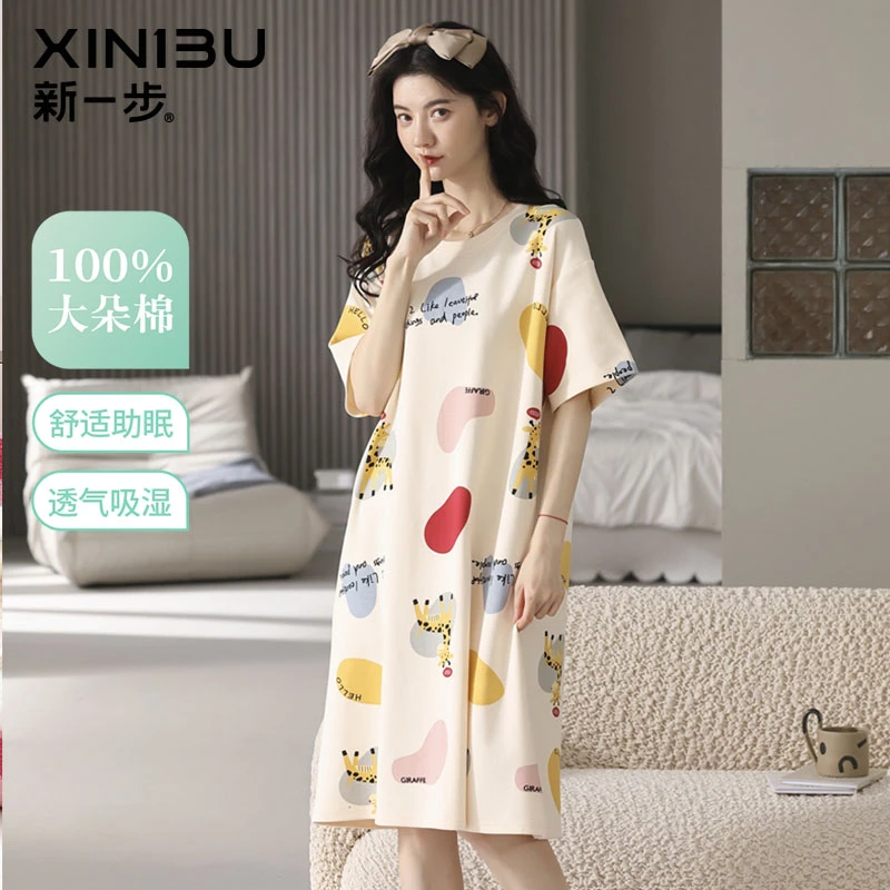新一步100%棉卡通睡裙女士中长款宽松休闲薄款睡衣家居服夏季新款