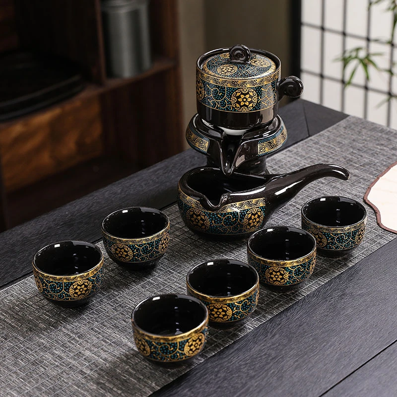 复古陶瓷懒人石磨自动茶具套装旋转出水家用客厅办公室功夫泡茶器