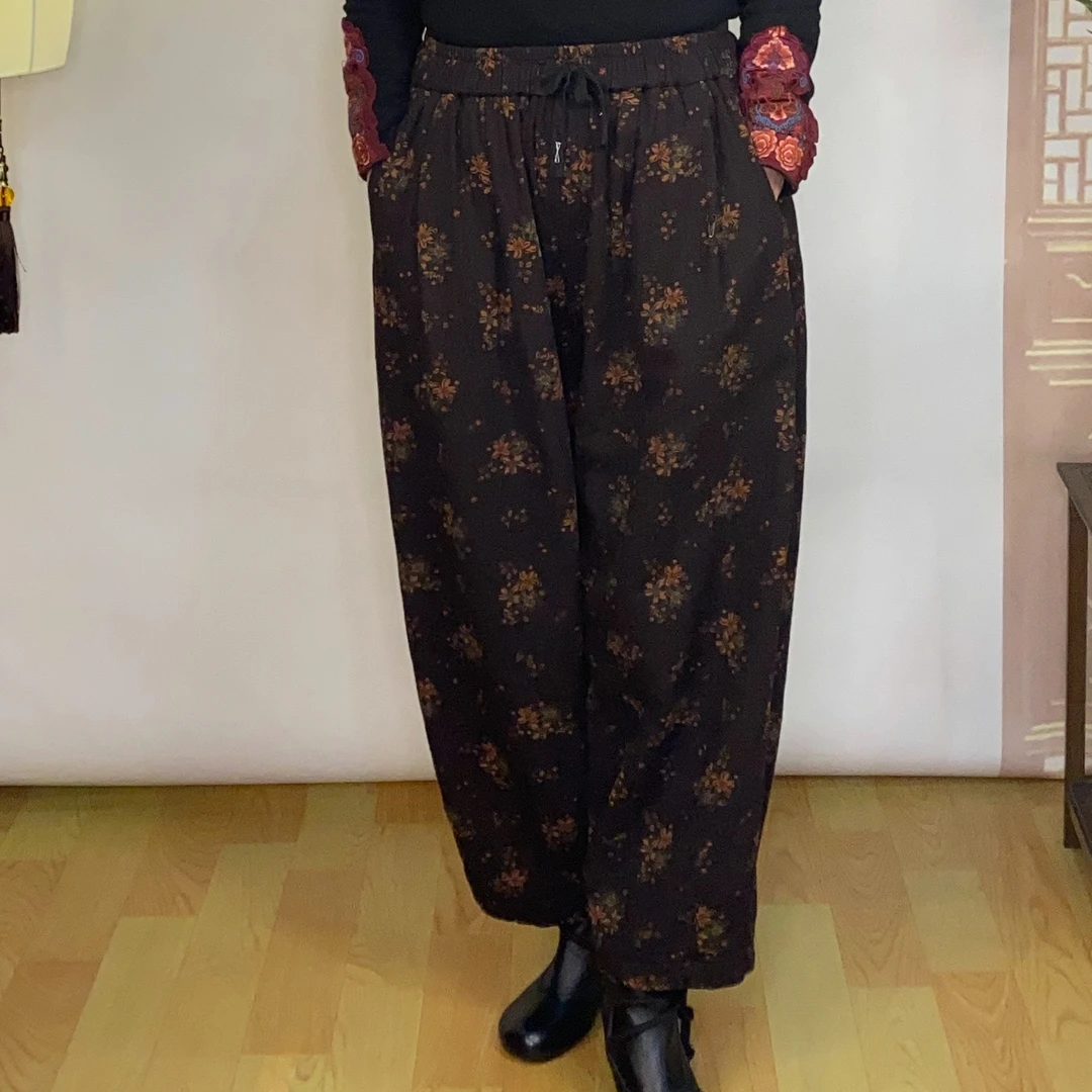 <惬意时光>布衣坊文艺碎花棉麻复古设计胖瘦可穿印花阔腿裤001