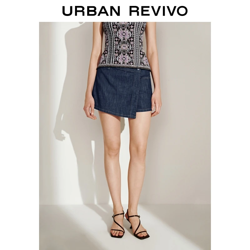 UR2025夏季新款女装复古休闲水洗不对称牛仔短裤UWM850139