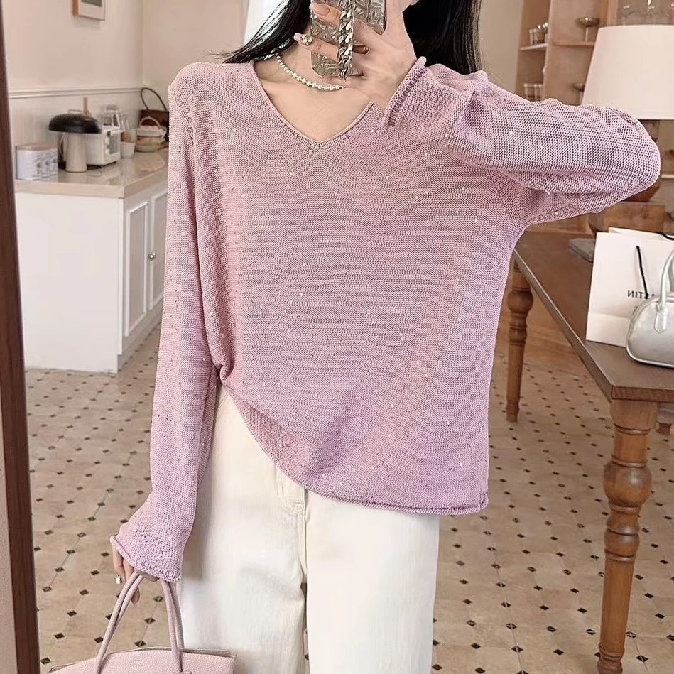 早春新款V领星空亮片针织衫女宽松慵懒风短袖上衣显瘦条纹