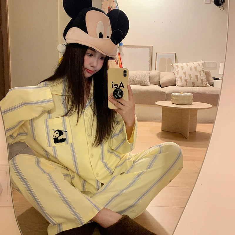 侘町春秋季新款奶油熊猫女生梭织纯棉长袖长裤家居服套装可外穿