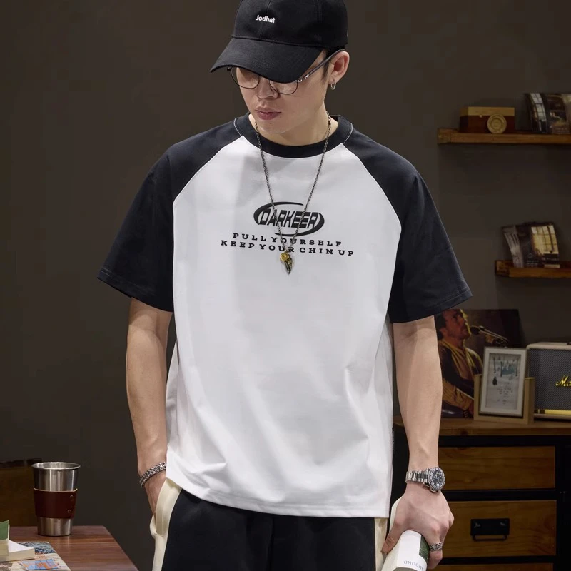 设计感撞色拼接短袖t恤男士重磅宽松圆领上衣夏季插肩袖印花体恤