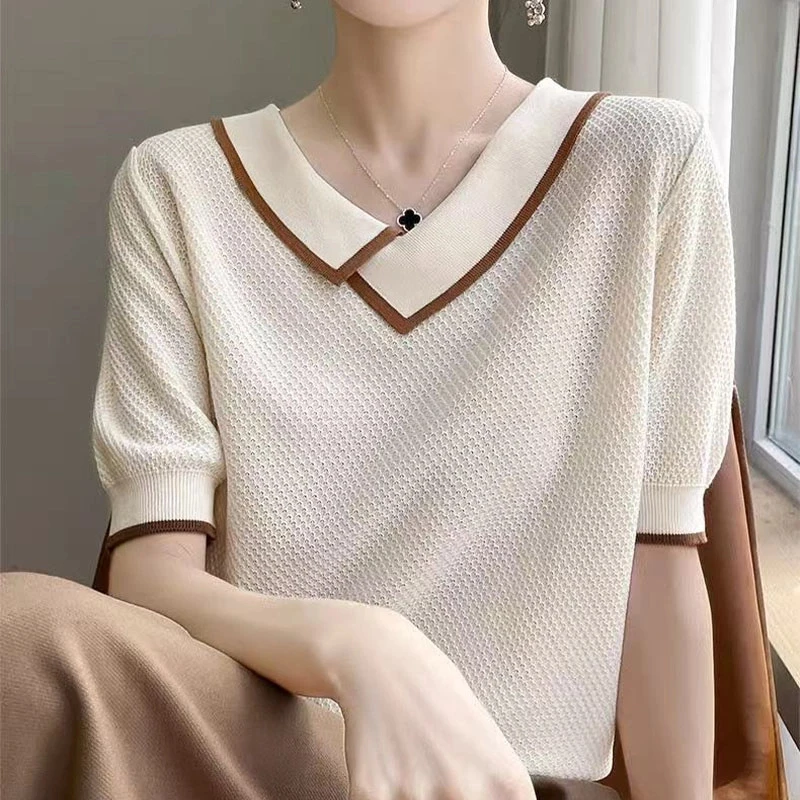 时尚女装品牌新款短袖针织衫T恤女时尚薄款夏季V领显瘦减龄上衣