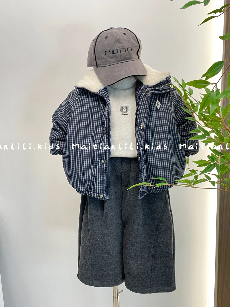 麦田里里.儿童冬季韩版格子棉服男女童卡通立领加厚保暖外套