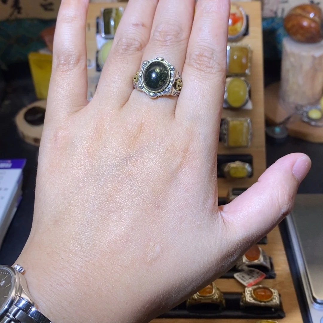 花***寻银S925镶嵌蓝珀戒指