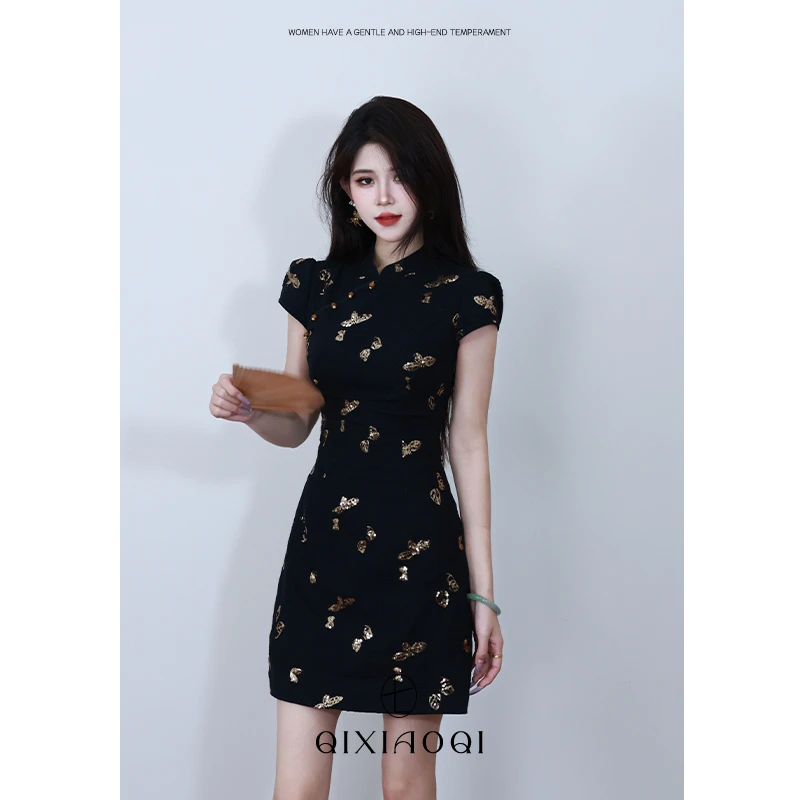 七小七Sicily【古卷墨香】新中式国风古法改良黑色旗袍连衣裙女夏季