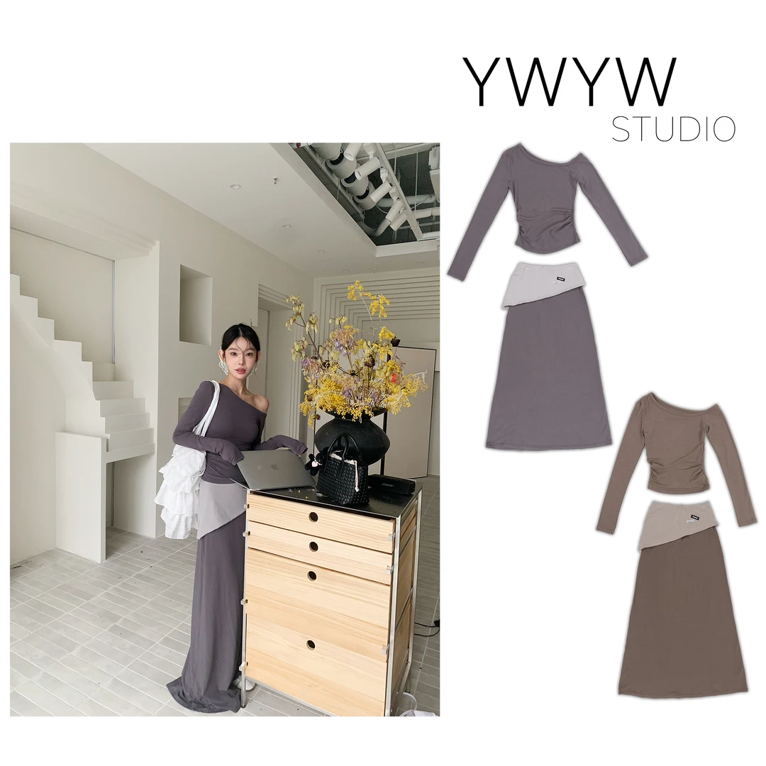 【YWYW25S/S】春季百搭斜肩领修身长袖体恤+高腰A字长裙套装3889