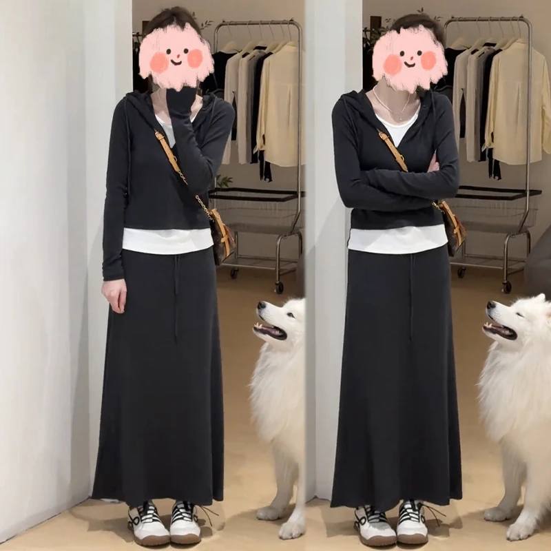 早秋新款韩系显瘦简约宽松时尚套装女假两件连帽上衣半身裙两件套