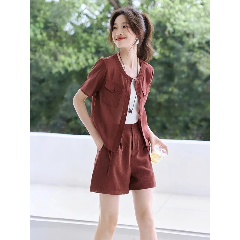 通勤百搭质感轻薄外套短裤套装2025夏季新款圆领外套休闲短裤套装