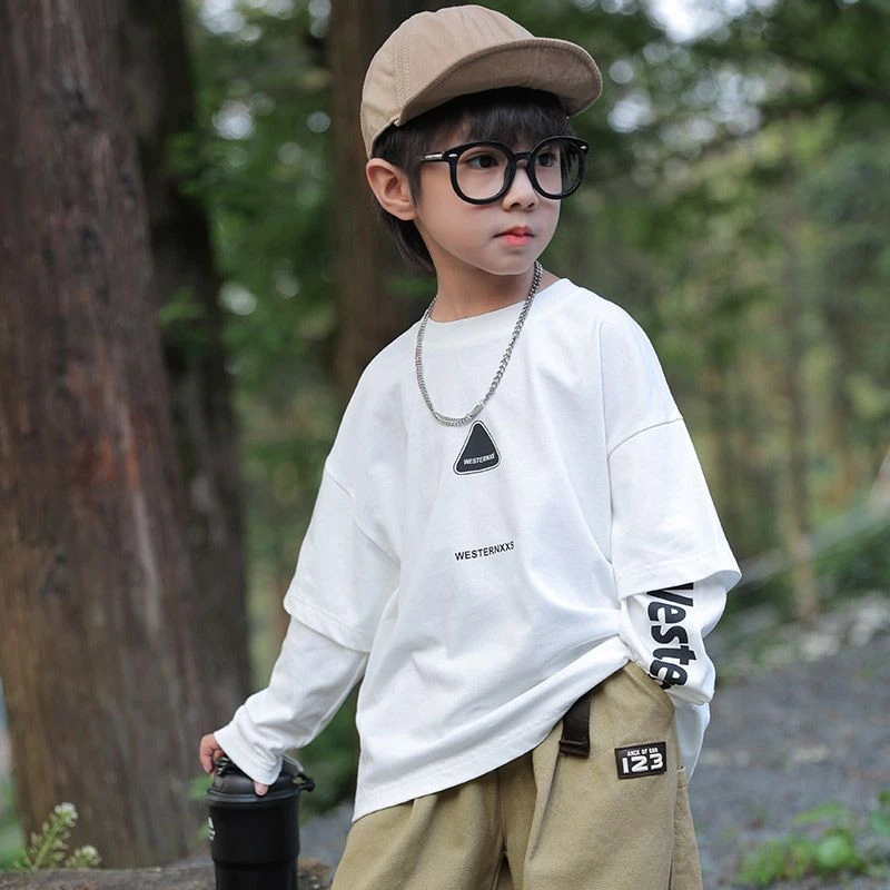 【热推爆款】男童长袖T恤打底衫秋装新款儿童春秋款白色打底衫男孩