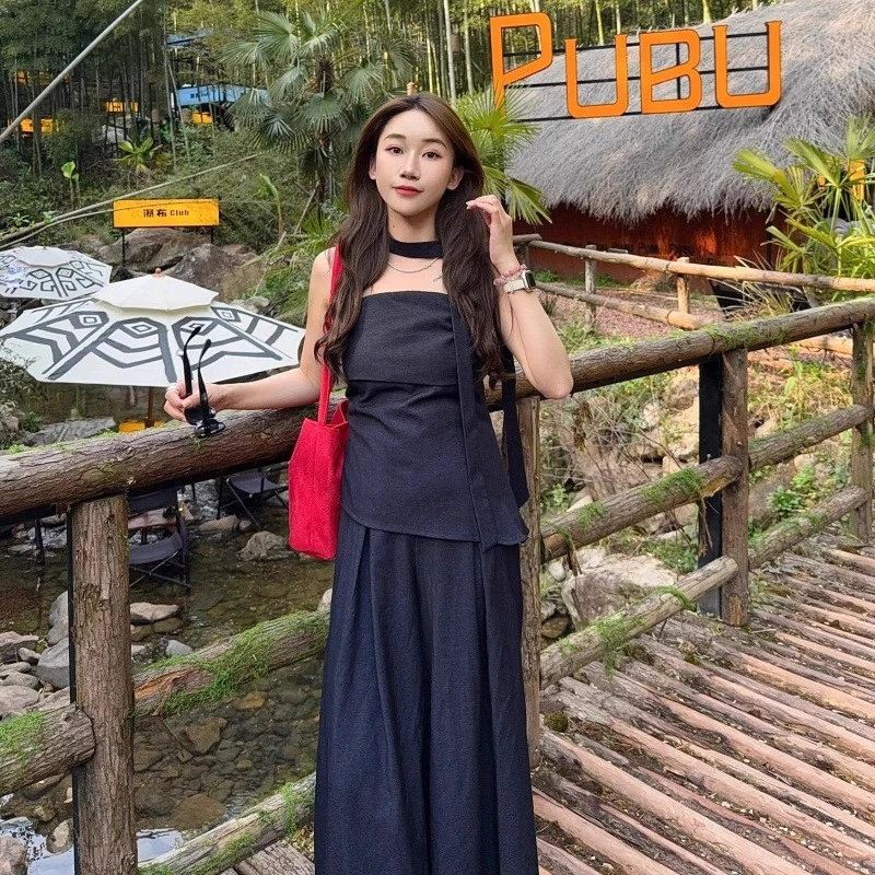 法式名媛气质套装女夏季高端轻奢时尚小众飘带抹胸背心长裤两件套