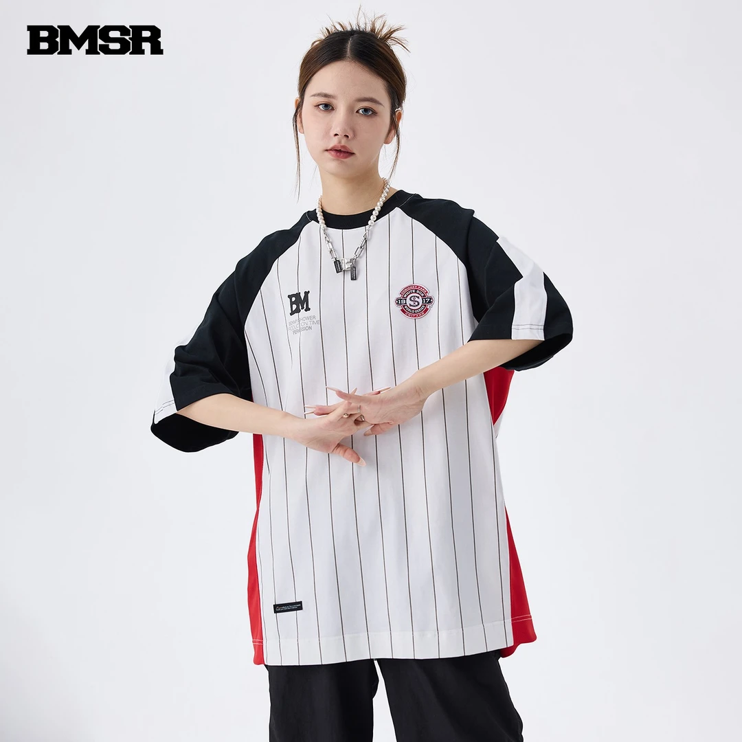 benmyshower国潮美式条纹球衣短袖拼接撞色运动插肩袖T恤男士潮牌