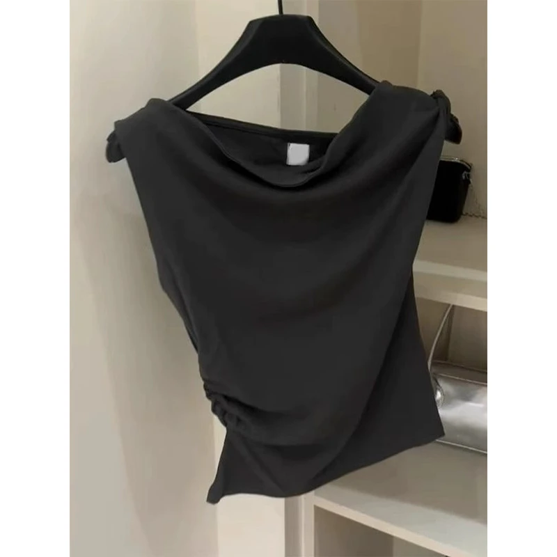 巨推荐，上身绝美！收腰气质无袖别致T恤女不规则一字肩慵懒风上衣