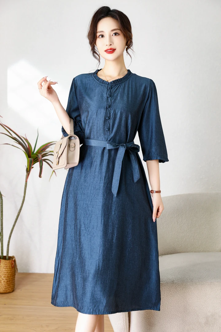 Z-G-8802新款纯色专柜轻奢时尚休闲法式收腰系带百搭连衣裙