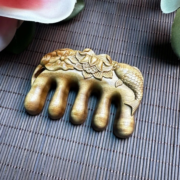 老料绿覃自带香味过手留香荷花鱼按摩梳子防脱五齿木梳子防静电