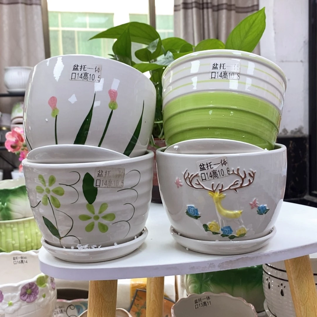 @陶瓷花盆@@四个手绘